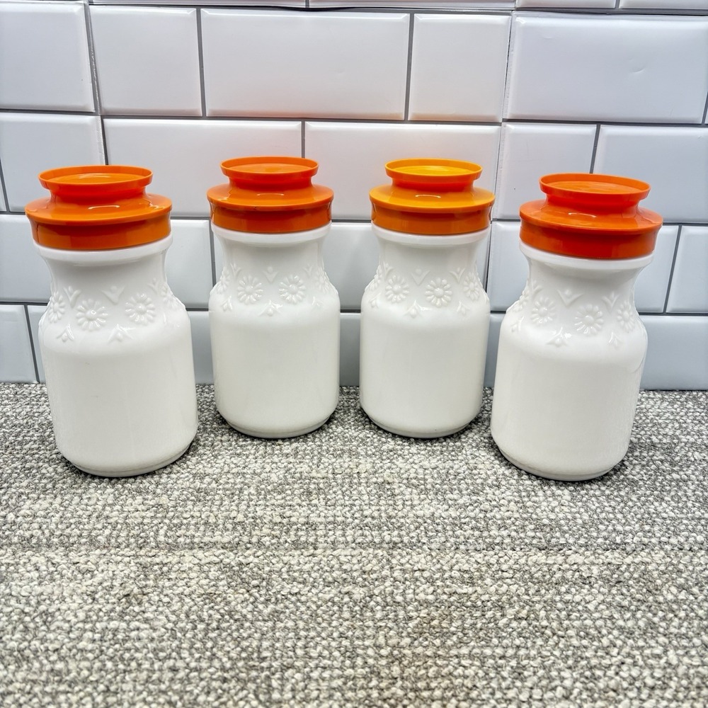 Milk Glass Jar Canister Embossed Daisies Orange Plastic Lids Cottage Core Tang